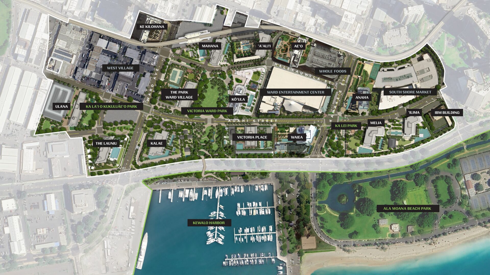 Aerial site plan showing a mixed-use development with labeled residential and commercial buildings, parks, and marina next to Ala Moana Beach Park.